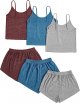 Women's 3 Sets Rib Knit Lounge Set Crop Cami Top and Tie Front Shorts Sleepwear Pajama Set