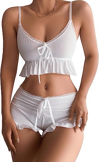 Women's 2 Piece Lingerie Set Ruffle Trim Tie Front Cami Top and Shorts Sleepwear